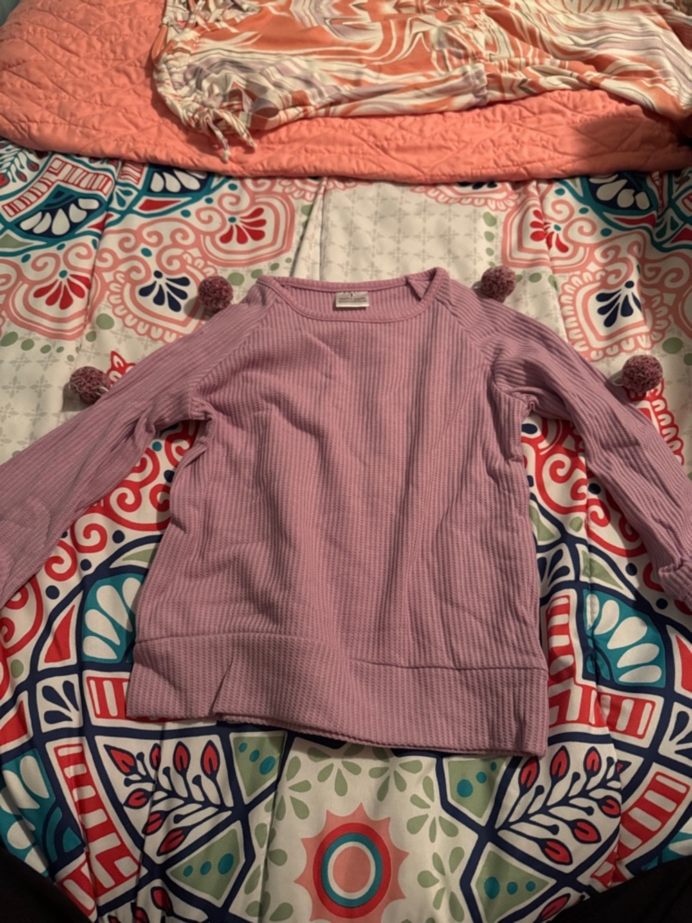 Lilac Pom-Pom Long Sleeve Waffle Knit Top
